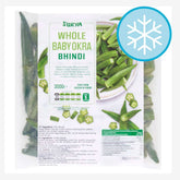 The Surya - Whole Baby Okra - 300g packaging features okra pieces with a snowflake symbol to highlight its frozen state, along with clear instructions and ingredients, ensuring flavor and nutrient preservation.